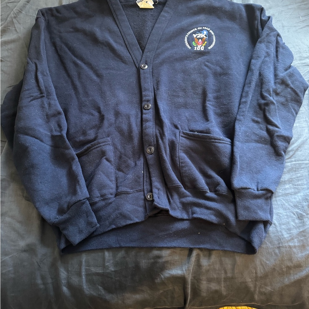 Vintage Official Y2K Commemorative Navy Blue Button-Up Cardigan